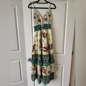 Cream Maxi Dress with Teal & Red Floral Accents